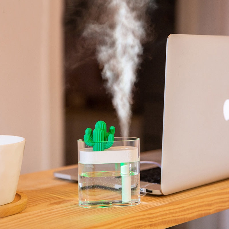 Ultrasonic Air Humidifier Clear Cactus Color Light USB Essential Oil Diffuser Car Purifier Aroma Diffusor Anion Mist Maker